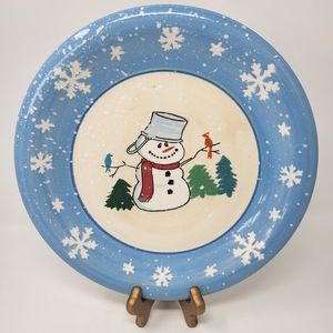 10.5" Salute Snowman Winter‎ Holiday Ceramic Round Dish Snowflakes